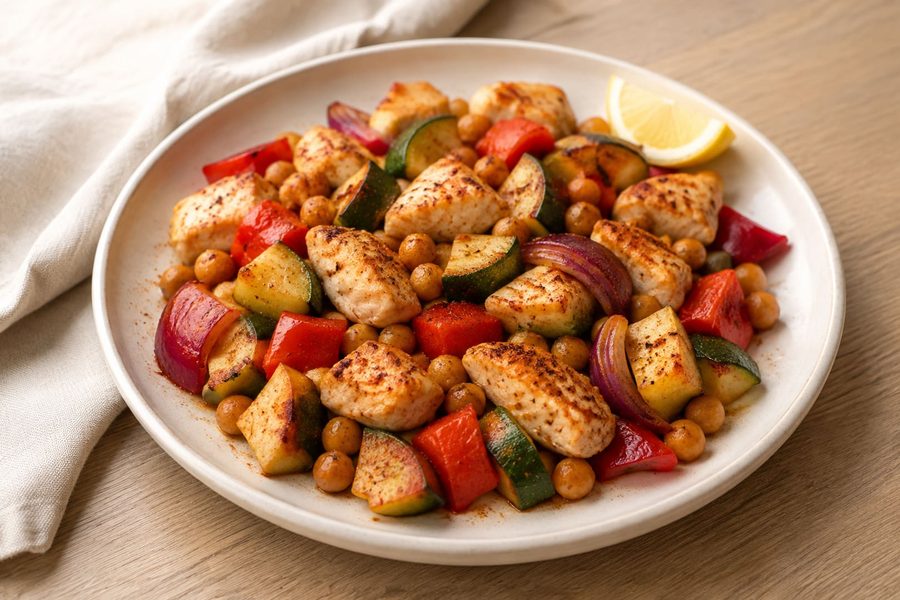 Roasted chicken pieces with peppers, courgette, red onion and chickpeas on a plate