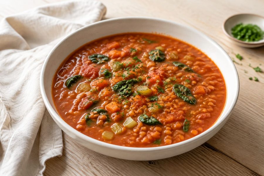 A bowl of lentil and tomato soup with spinach