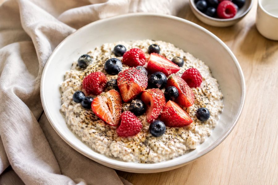 Overnight oats topped with strawberries and blueberries