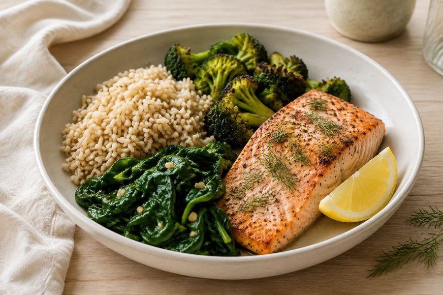 Salmon with broccoli, spinach and brown rice in a bowl