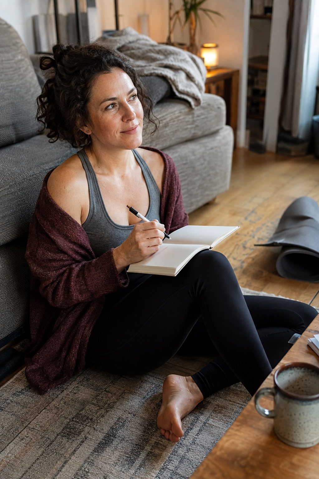 A woman sitting on the floor with a notebook and a mug, thinking