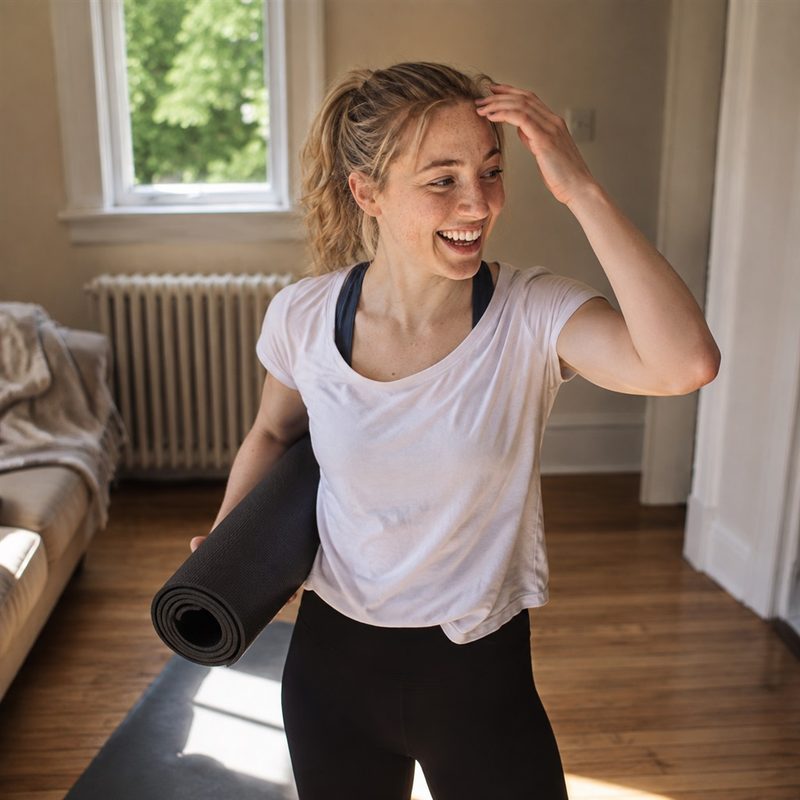 A woman laughing with a rolled mat under her arm in a sunlit room