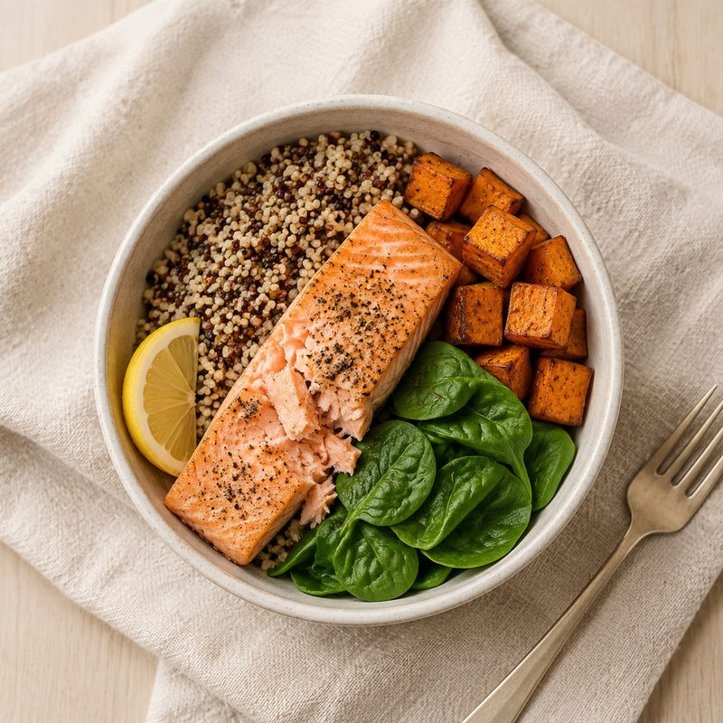 A bowl of salmon, quinoa, roasted sweet potato and spinach