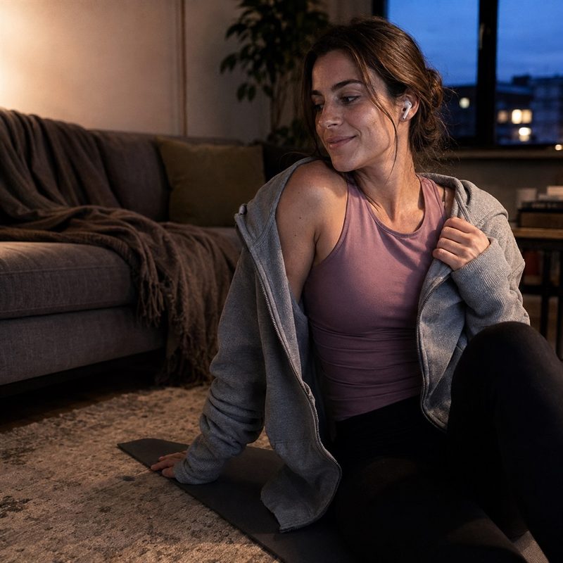 A woman in a hoodie sitting on her mat in the evening