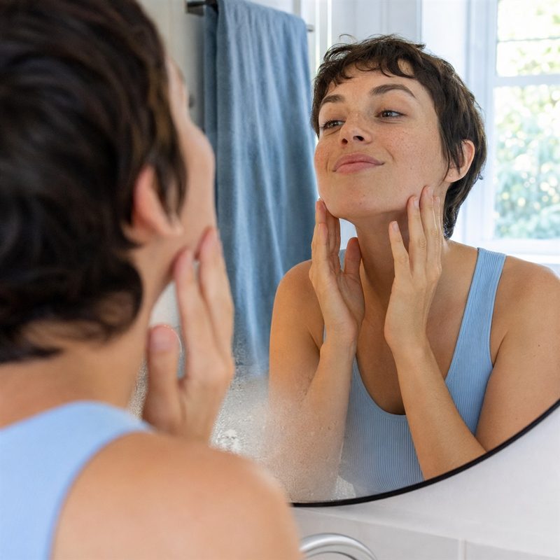A woman in front of a mirror, hands on her cheeks