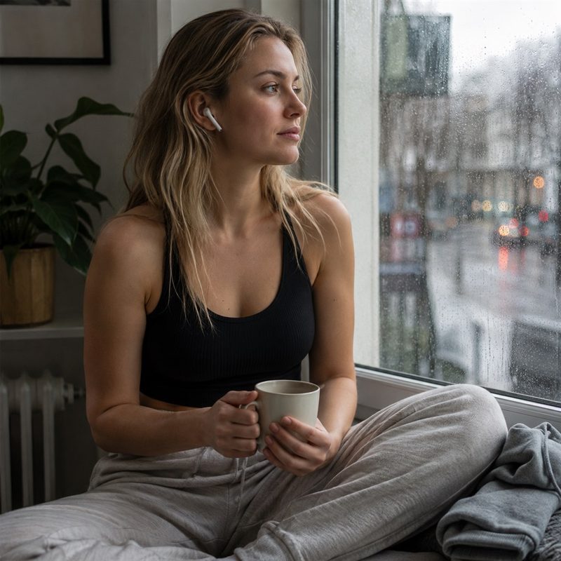 A woman sitting on her mat at dusk, hoodie half on, taking a breath