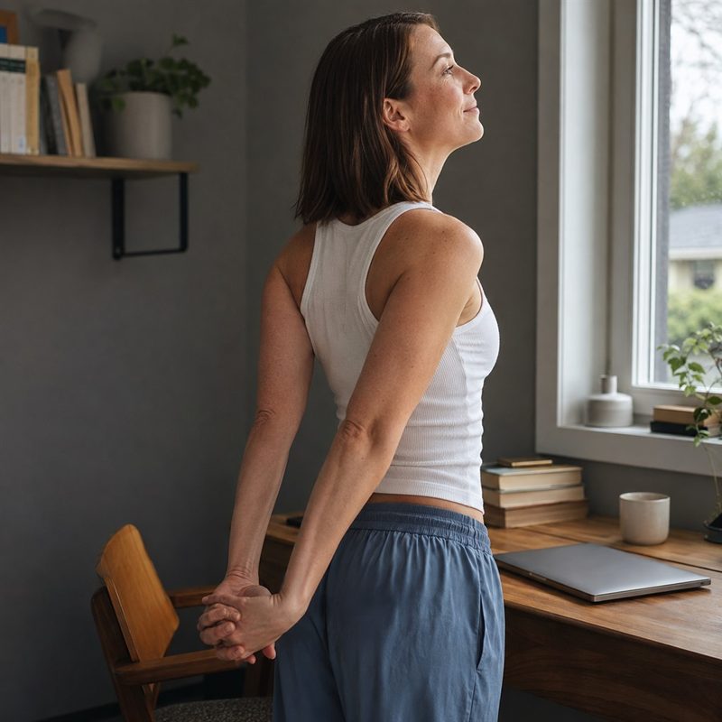 A woman standing at her desk, hands clasped behind her back, opening her chest