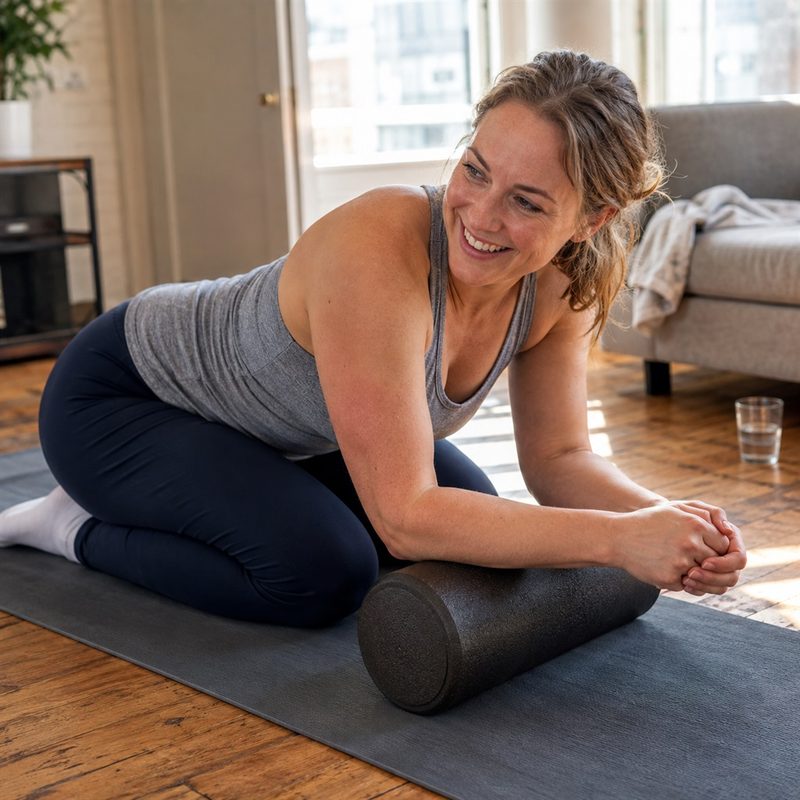 A woman smiling on her mat with a foam roller